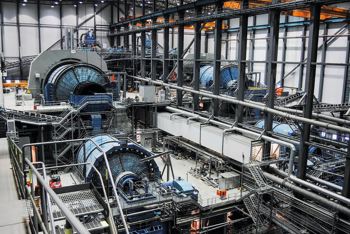 Grinding mills inside a mineral processing plant